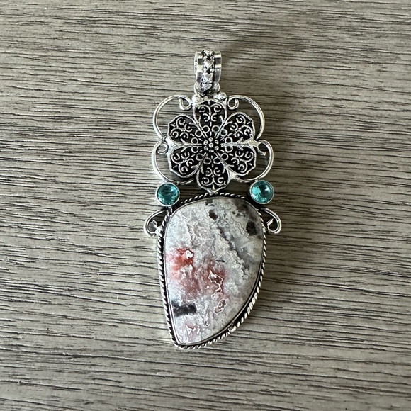 1037 Crazy Lace Agate Blue Topaz Pendant Handmade Silver Statement Jewelry - Picture 3 of 7